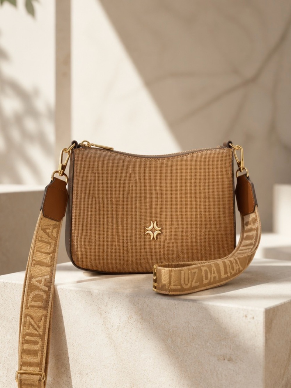 Tan Crossbody Shoulder Bag with Logo Strap